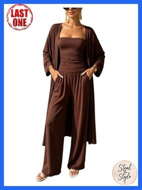3 Piece Lounge Set Ruched Tube Top Cardigan Wide Leg Pants Travel Outfit